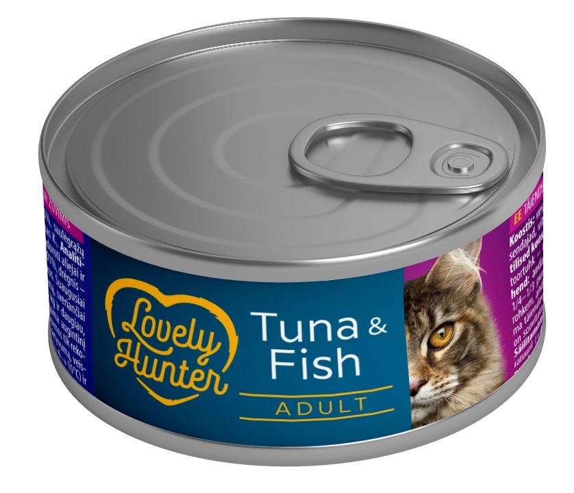 Nedves eledel felnőtt macskáknak tonhal és hal alapú eledellel, Lovely Hunter felnőtt tonhal és hal, 85 g, konzerv