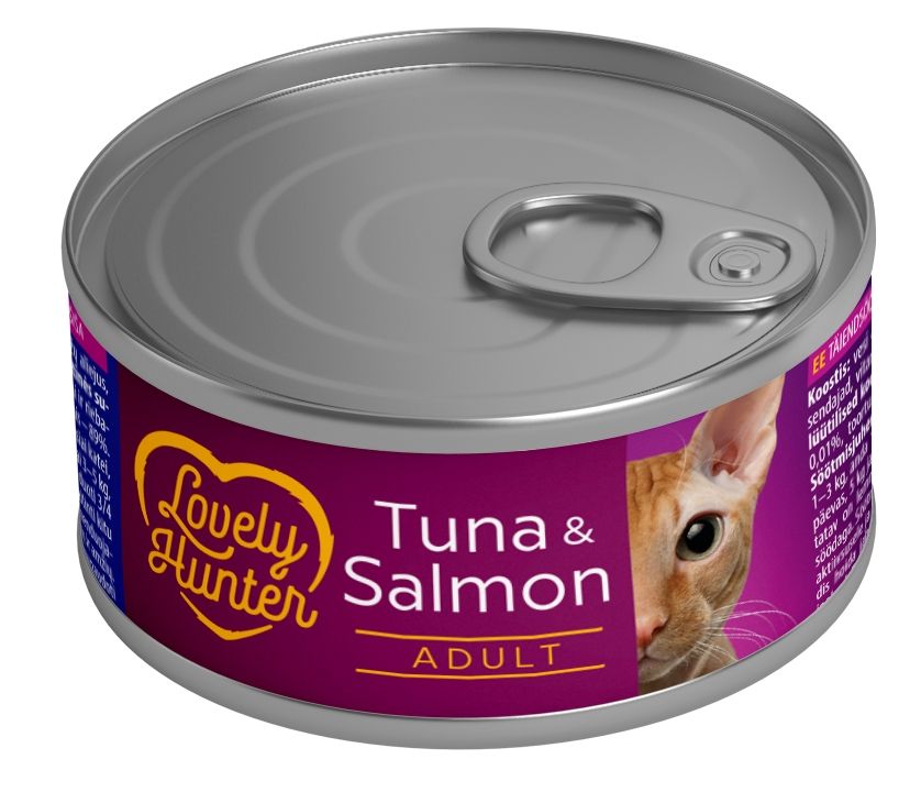 Nedves eledel felnőtt macskáknak tonhal és lazac alapú, Lovely Hunter felnőtt tonhal és lazac, 85 g, konzerv