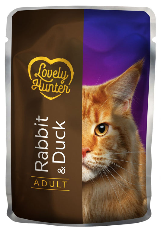 Nedves eledel felnőtt macskáknak nyúl- és kacsahús alapú, Lovely Hunter felnőtt nyúl- és kacsaeledel, 85 gramm, tasak