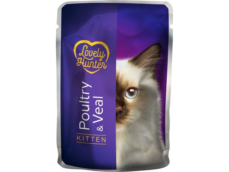 Nedves eledel fiatal macskáknak baromfi és borjú alapú alapanyagokból, Lovely Hunter Kitten baromfi és borjú, 85 gramm, tasak
