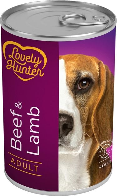 Hrana umeda pentru pentru caini adulti pe baza de carne de vita si miel, Lovely Hunter Beef and lamb, 400 g, conserva