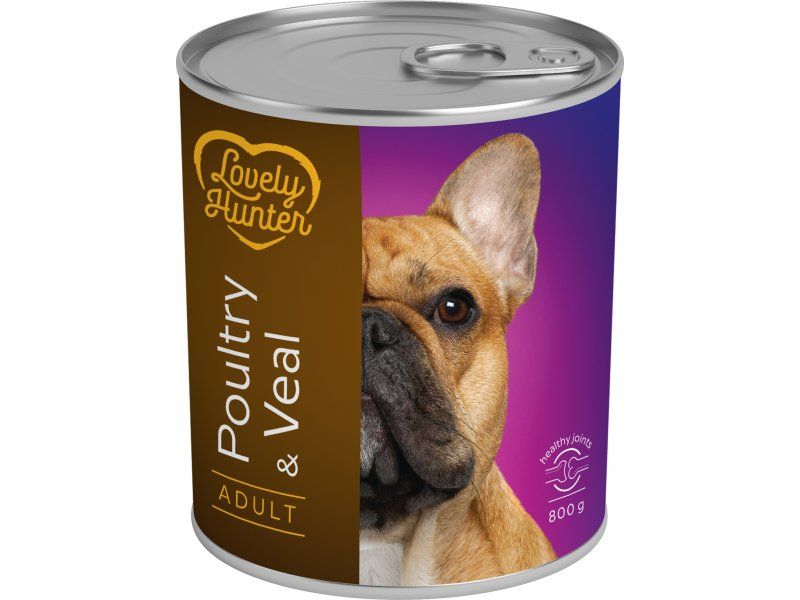Hrana umeda pentru pentru caini adulti pe baza de carne de pasare si vițel, Lovely Hunter Poultry and veal, 800 g, conserva