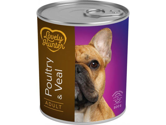 Hrana umeda pentru pentru caini adulti pe baza de carne de pasare si vițel, Lovely Hunter Poultry and veal, 800 g, conserva