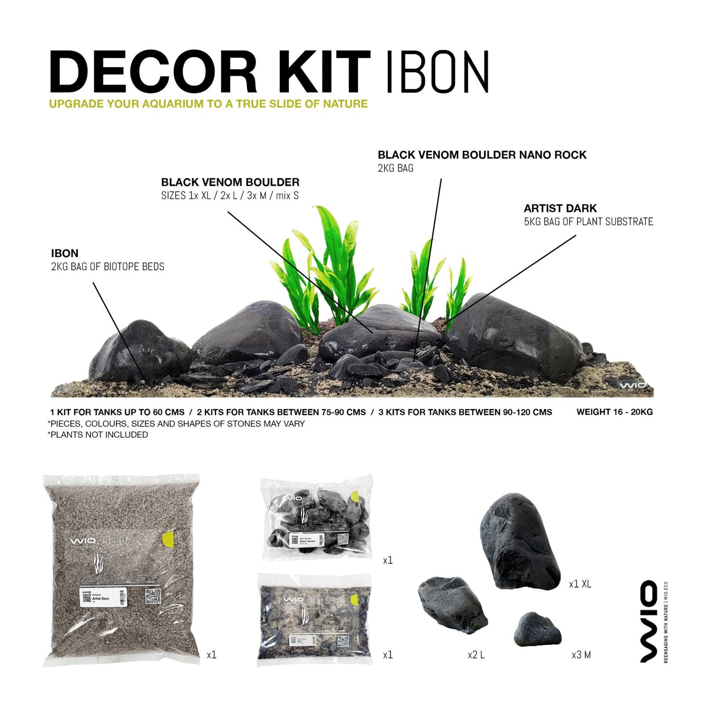 Komplett készlet hordozóval és kövekkel az akvárium díszítéséhez, Wio Ibon Decor Kit, 20 kg