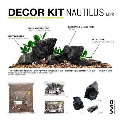 Komplett készlet hordozóval és kövekkel az akvárium díszítéséhez, Wio, Nautilus Dark Decor Kit, 20 kg