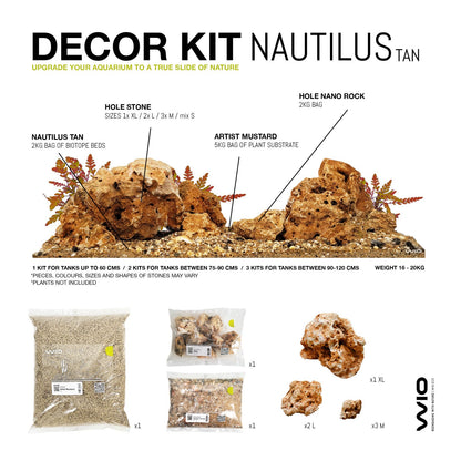 Komplett készlet hordozóval és kövekkel az akvárium díszítéséhez, Wio, Nautilus Tan Decor Kit, 20 kg