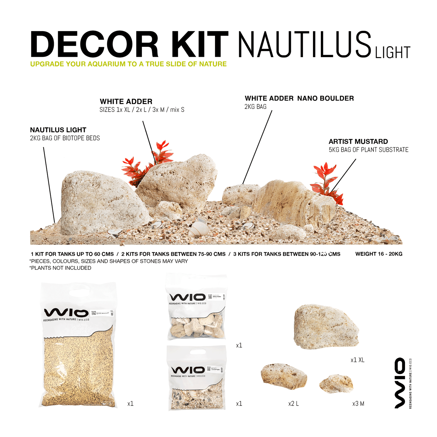 Komplett készlet hordozóval és kövekkel az akvárium díszítéséhez, Wio, Nautilus Light Decor Kit, 20 kg