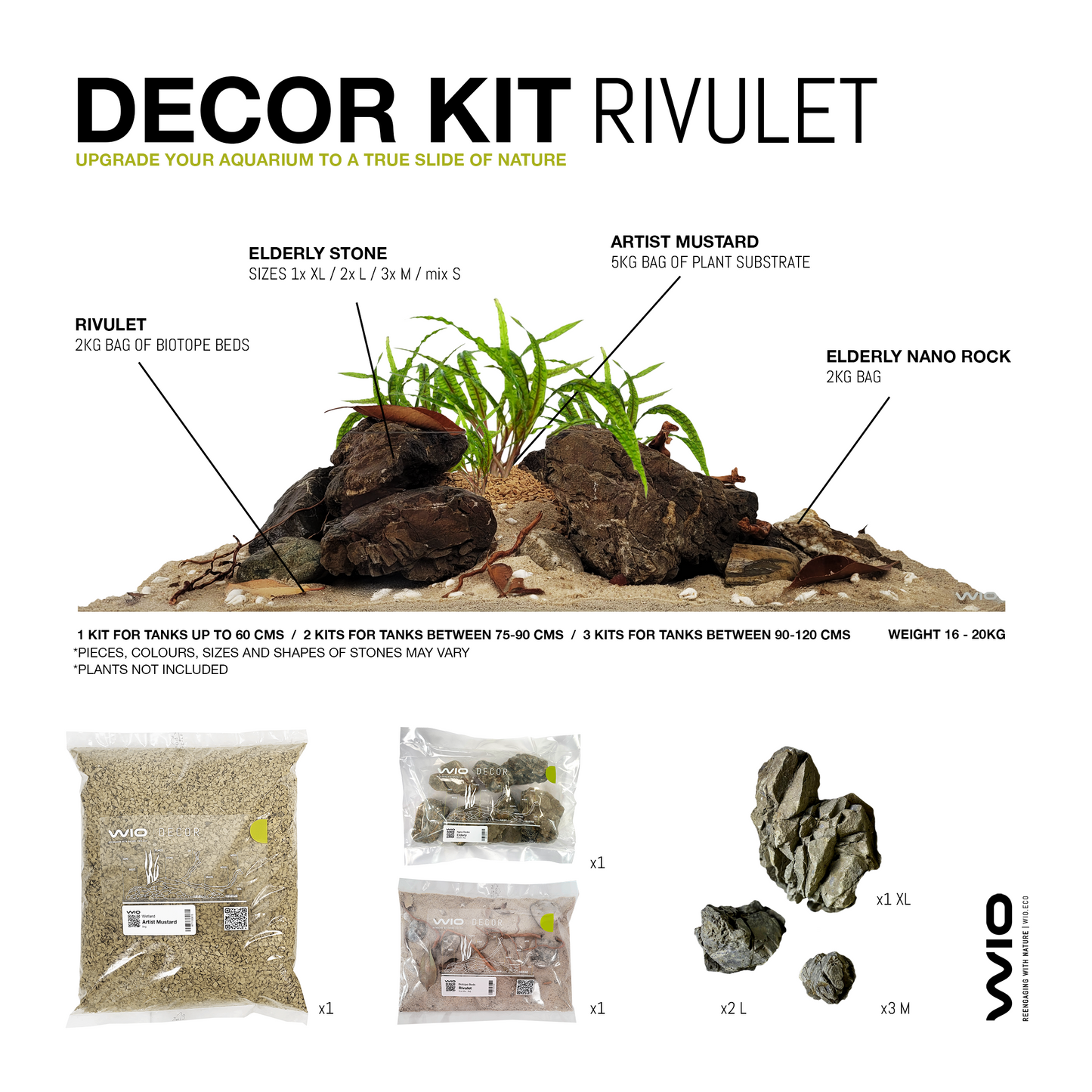 Komplett készlet hordozóval és kövekkel az akvárium díszítéséhez, Wio Rivulet Decor Kit, 20 kg